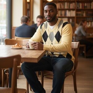 Cheery Argyle Lightweight Merino Wool Blend Sweater (Size XL)